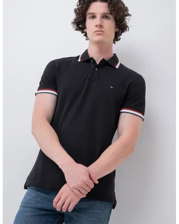 Tricou polo slim fit Cuff Interest, Negru