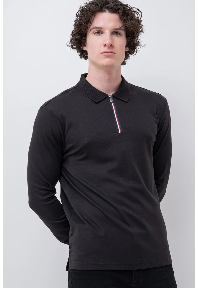Bluza polo cu fenta cu fermoar, Negru