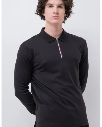 Bluza polo cu fenta cu fermoar, Negru