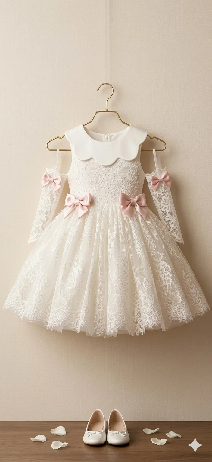 Rochie alba eleganta din datela chantilly pentru fete - Leona