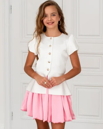 Compleu elegant din tafta cu fusta roz si sacou alb - Ines