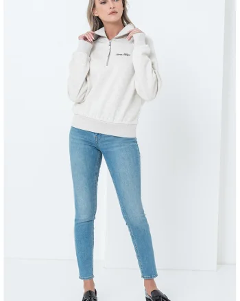 Bluza de trening cu decolteu cu fermoar scurt, Bej deschis melange
