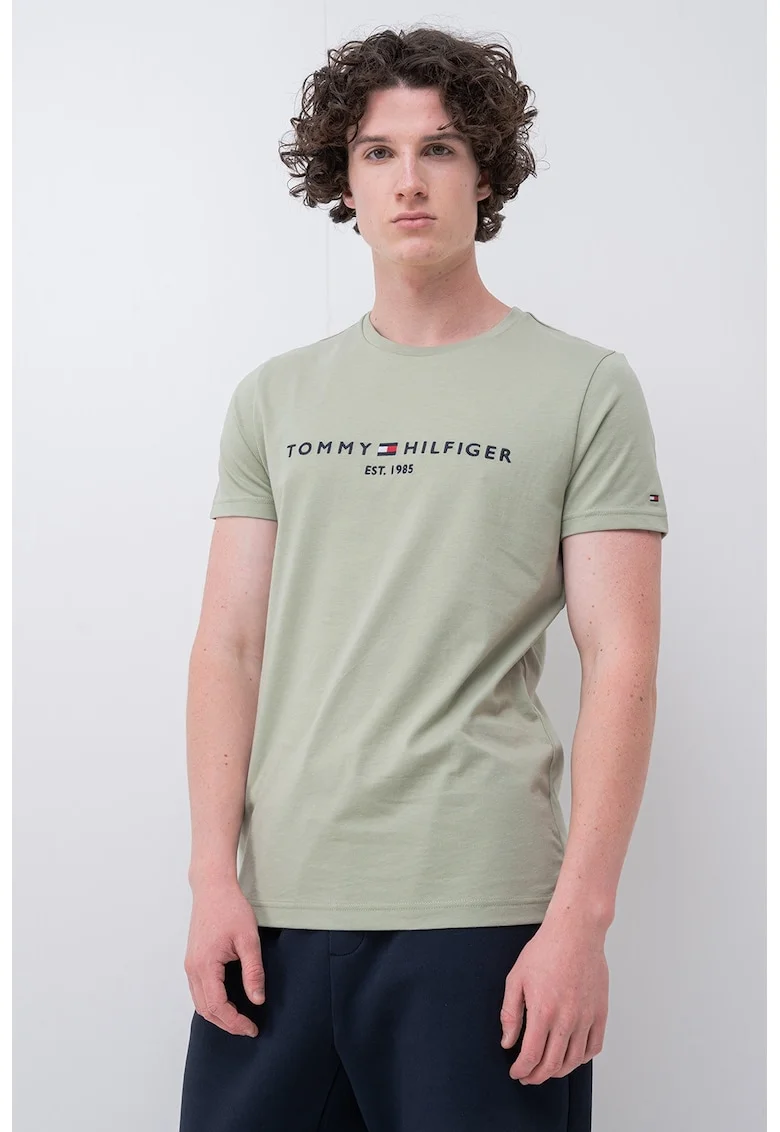 Tricou slim fit din bumbac cu broderie, Verde pal