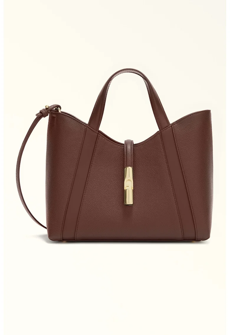 Geanta shopper de piele cu bareta detasabila texturat, Maro cognac