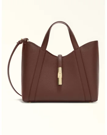 Geanta shopper de piele cu bareta detasabila texturat, Maro cognac