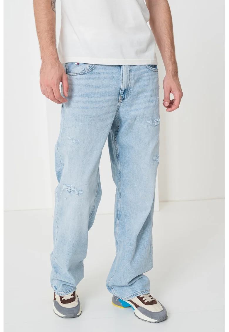 Blugi relaxed fit cu detalii cu aspect deteriorat, Albastru deschis