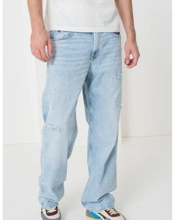 Blugi relaxed fit cu detalii cu aspect deteriorat, Albastru deschis
