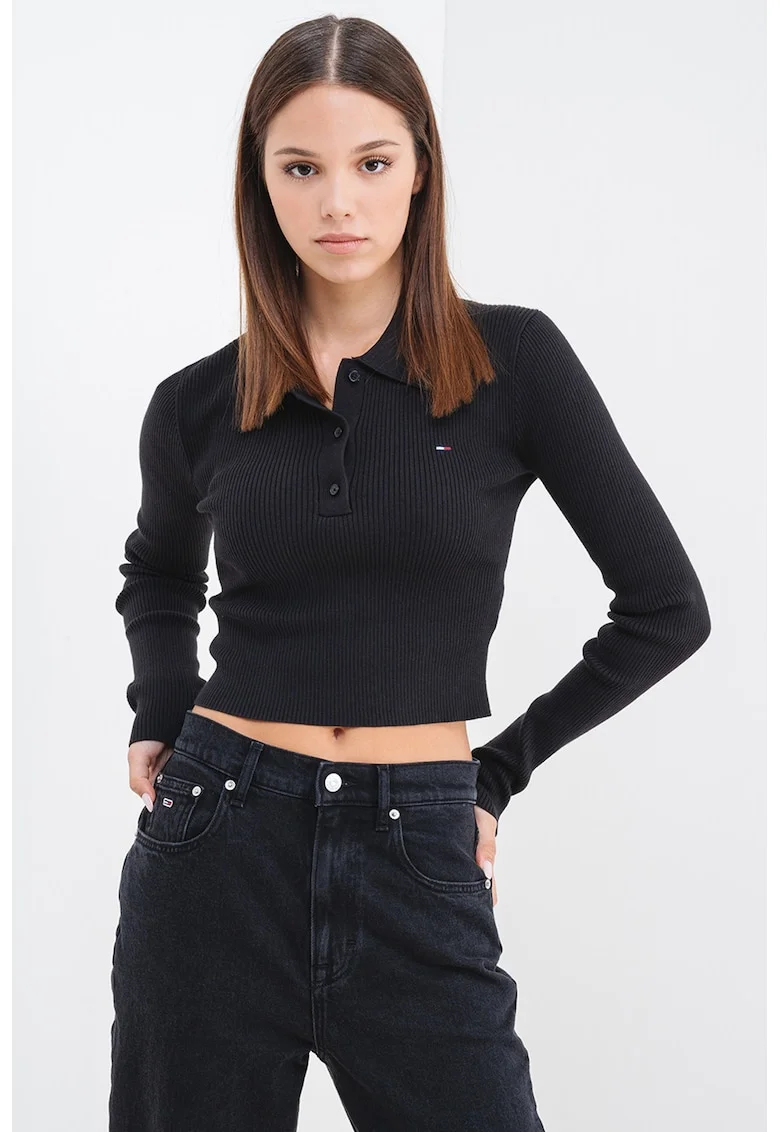 Pulover crop din amestec de bumbac organic, Negru