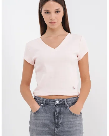 Tricou crop cu decolteu in V, Roz pastel