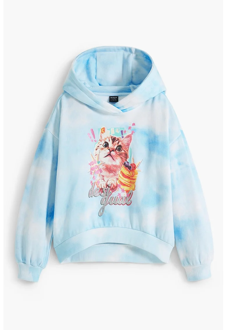 Hanorac cu model tie-dye si imprimeu grafic, Albastru pastel