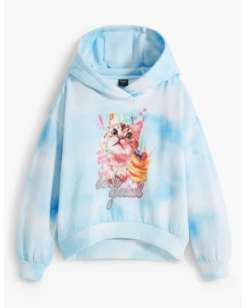 Hanorac cu model tie-dye si imprimeu grafic, Albastru pastel