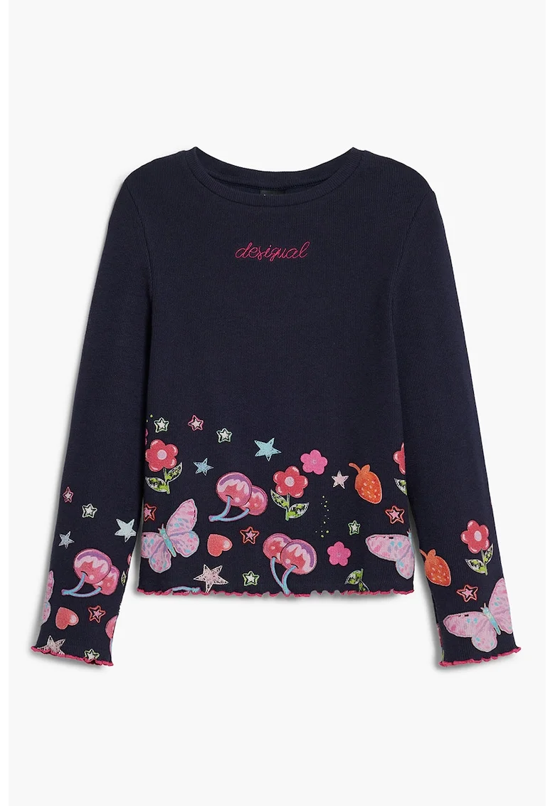 Bluza din amestec de bumbac cu decolteu la baza gatului, Albastru ultramarin