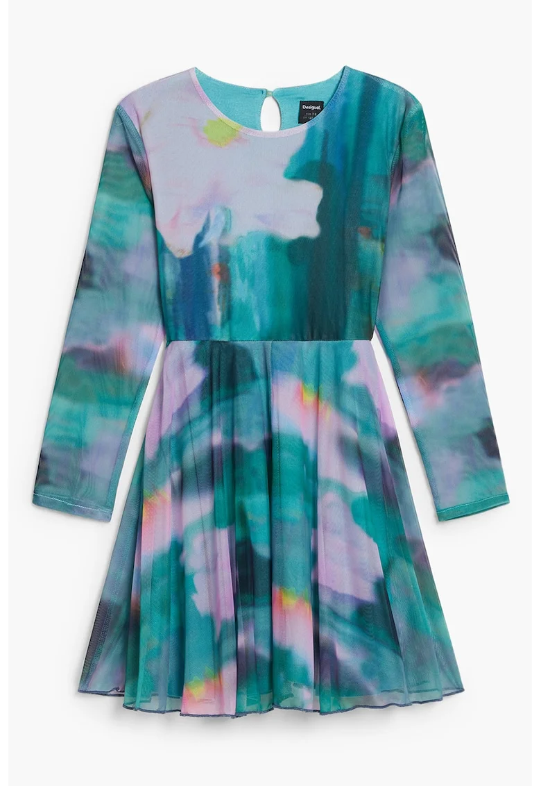 Rochie mini cu maneci lungi si model tie-dye, Verde persan