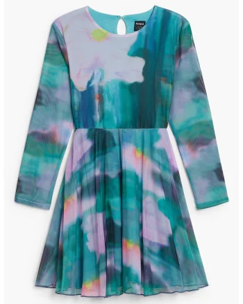 Rochie mini cu maneci lungi si model tie-dye, Verde persan
