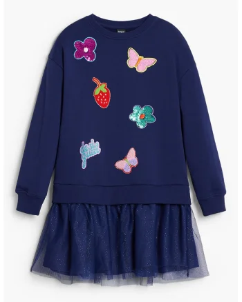 Rochie evazata cu maneci lungi, Albastru indigo