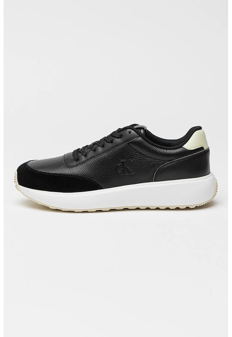 Pantofi sport din piele cu sireturi, Negru/Verde pal