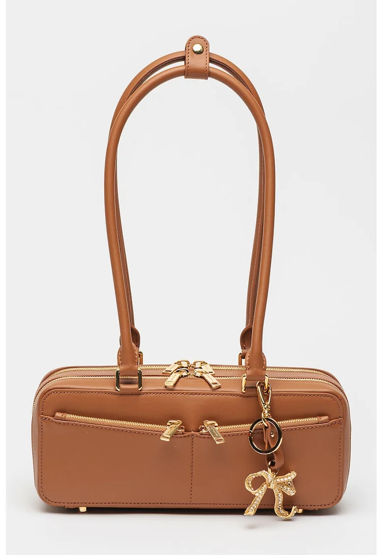 Geanta boxy din piele cu breloc detasabil, Maro, 10 x 28 x 12 cm
