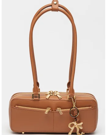 Geanta boxy din piele cu breloc detasabil, Maro, 10 x 28 x 12 cm