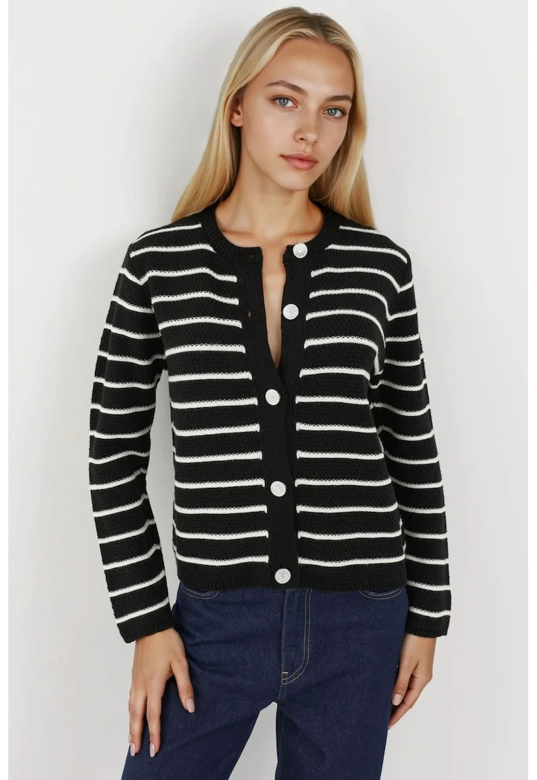 Pulover dama,  tricot, model cu dungi si nasturi, negru/alb