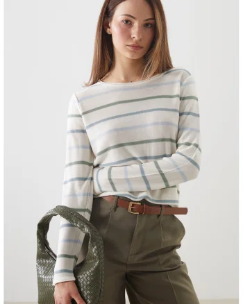 Pulover lejer cu model in dungi, Verde/Alb murdar