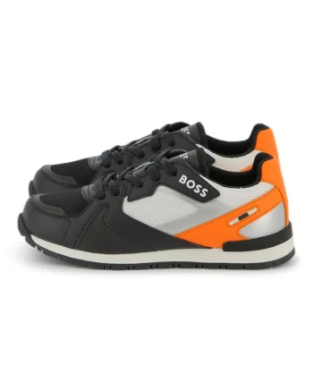 Pantofi sport cu insertii din piele ecologica, Negru/Portocaliu