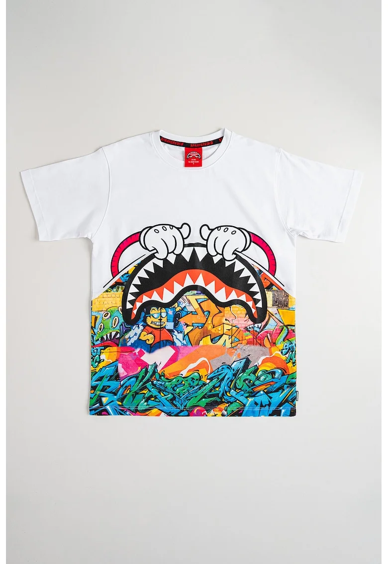 Tricou cu decolteu la baza gatului si imprimeu grafic, Alb/Multicolor