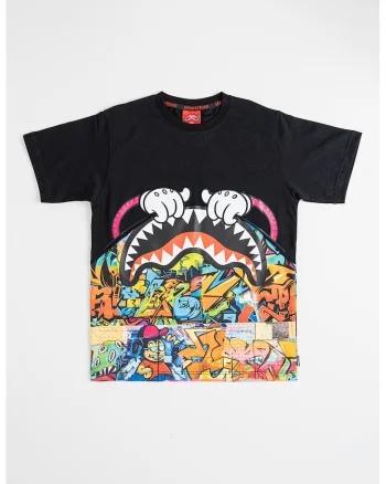 Tricou cu decolteu la baza gatului si imprimeu grafic, Negru/Multicolor