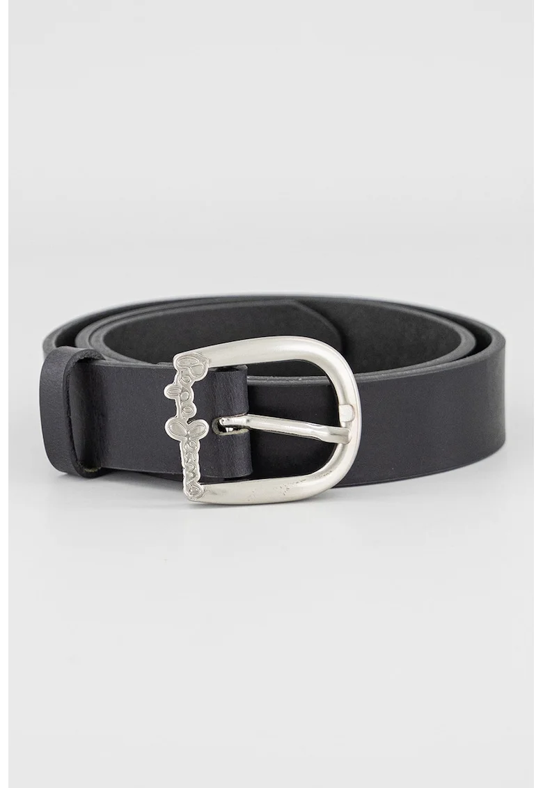Curea de piele cu catarama metalica cu logo, Negru