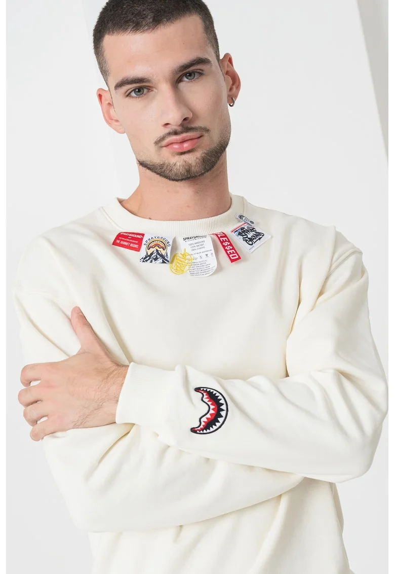 Bluza de trening din bumbac, decorat cu etichete, Alb fildes