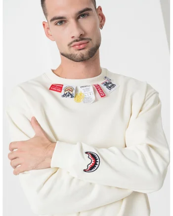 Bluza de trening din bumbac, decorat cu etichete, Alb fildes