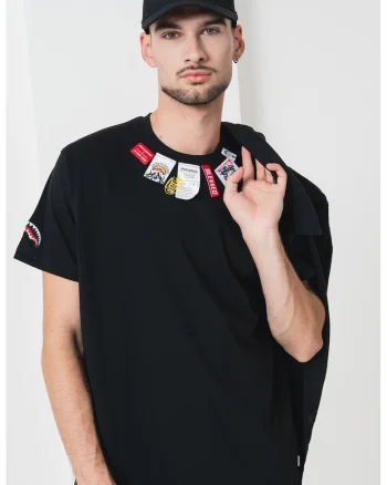 Tricou de bumbac decorat cu etichete, Negru