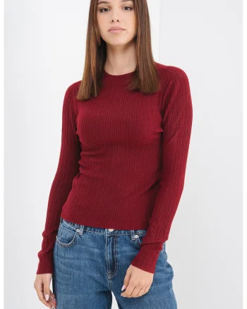Pulover slim fit cu decolteu la baza gatului, Rosu inchis