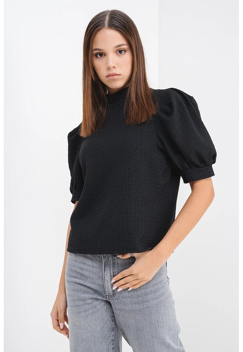 Bluza texturata cu maneci scurte si bufante, Negru