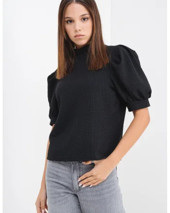 Bluza texturata cu maneci scurte si bufante, Negru