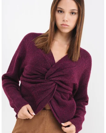 Pulover din amestec de lana cu model rasucit in partea din fata, Violet tyrian