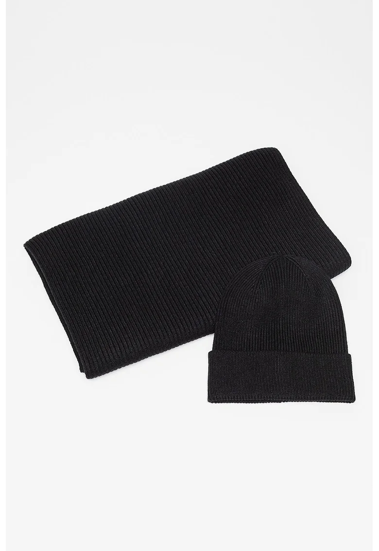 Set de fular si caciula cu striatii - 2 piese, Negru