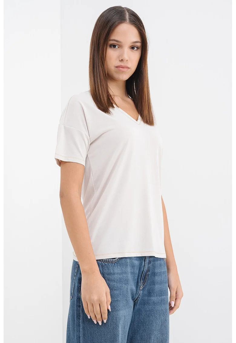 Tricou din amestec de modal cu decolteu in V, Bej deschis