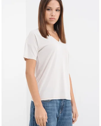 Tricou din amestec de modal cu decolteu in V, Bej deschis