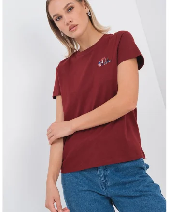 Tricou de bumbac organic cu detaliu brodat Francis, Rosu inchis