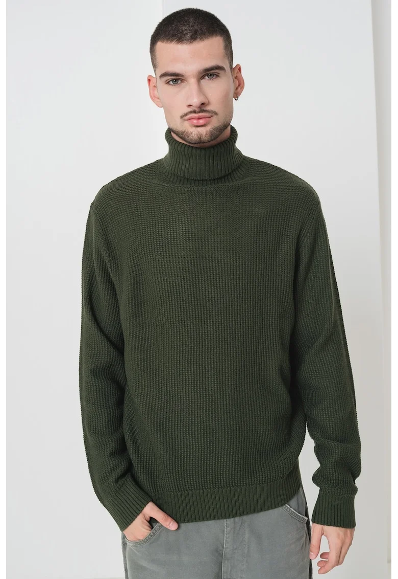 Pulover cu guler inalt si model uni, Verde aquamarin
