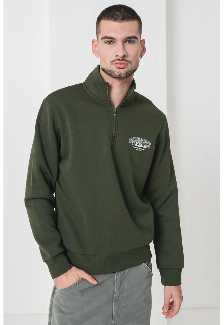 Bluza de trening cu fenta cu fermoar, Alb murdar/Verde feriga