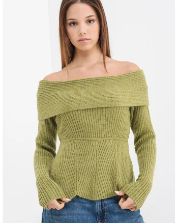 Pulover tricotat cu decolteu pe umeri, Verde pal