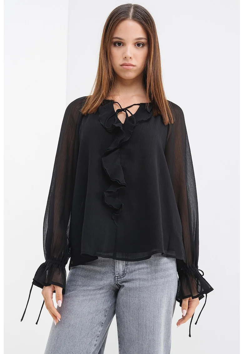 Bluza cu garnituri cu volane, Negru