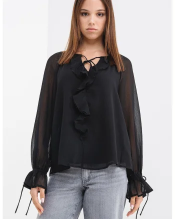 Bluza cu garnituri cu volane, Negru