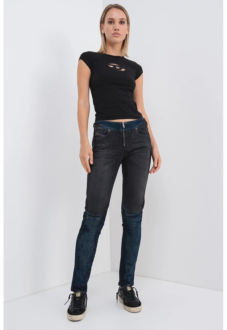 Blugi cu talie joasa si model 2in1, Negru/Bleumarin