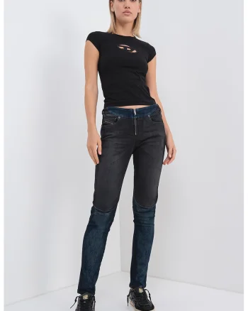 Blugi cu talie joasa si model 2in1, Negru/Bleumarin