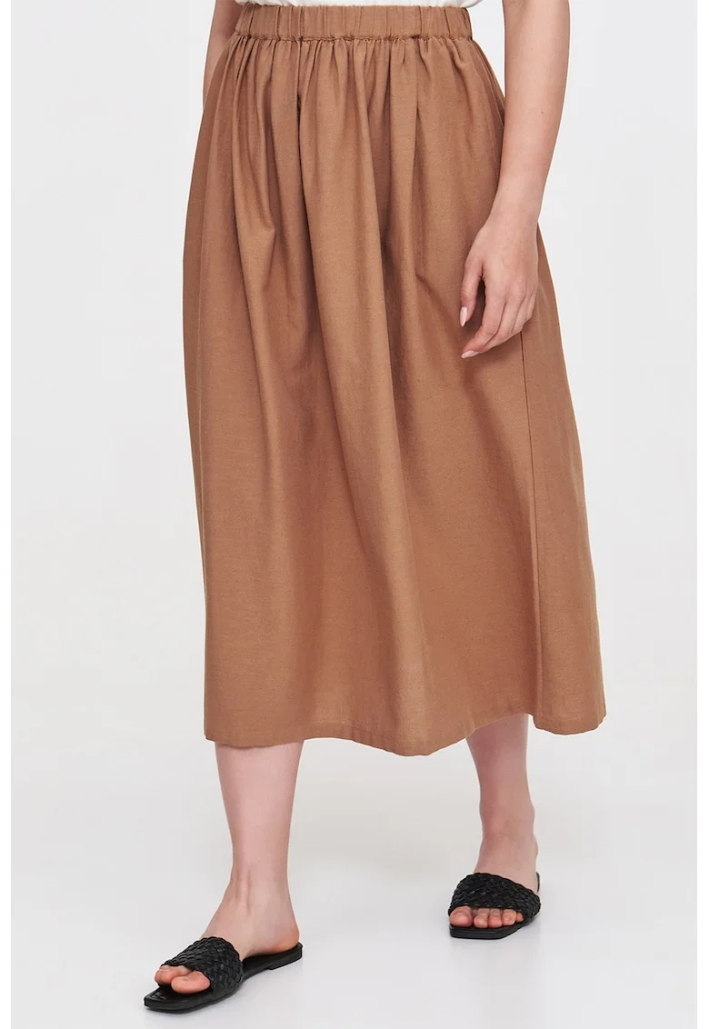 Fusta din amestec de in cu talie elastica, Maro camel