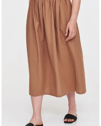 Fusta din amestec de in cu talie elastica, Maro camel