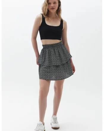 Fusta mini cu model si croiala stratificata, Alb/Negru