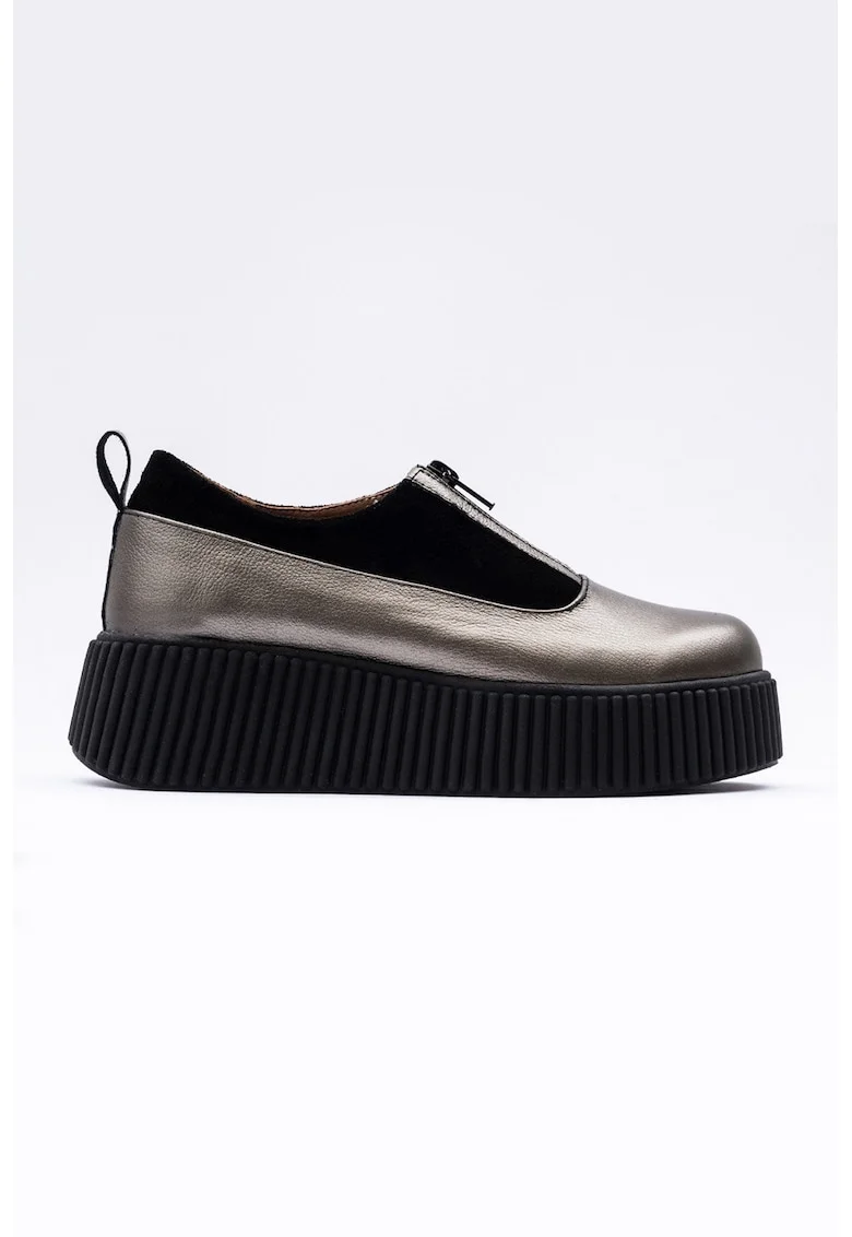 Pantofi wedge de piele, Argintiu inchis